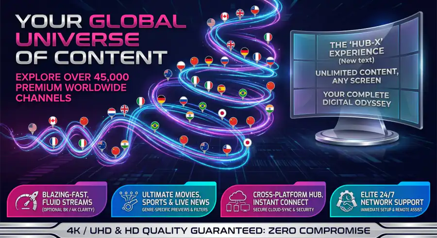 Comparing IPTV providers on a laptop, with a streaming channel grid on screen