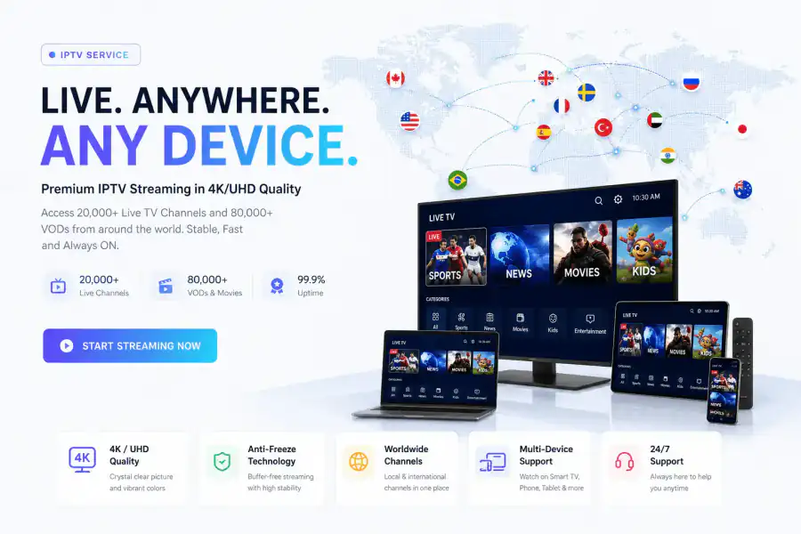 Streaming trends illustration with a TV, connected devices, and an IPTV interface